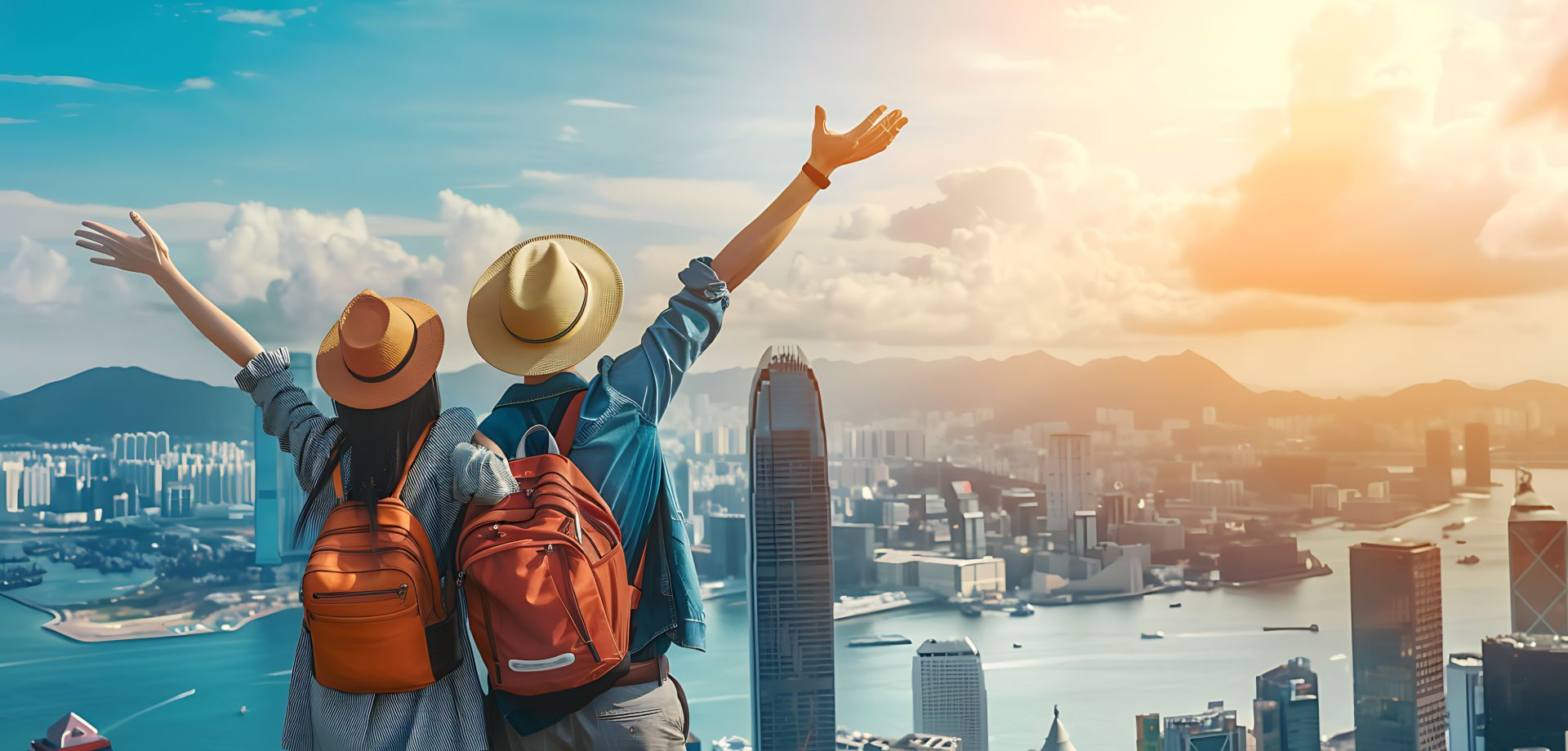 happy-tourist-couple-sightseeing-tour-enjoys-panoramic-view-skyline-background